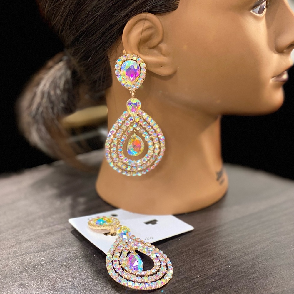 Chandelier iridescent clip earrings